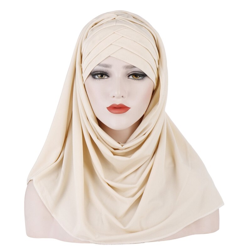 Vrouwen Melk Filer Effen Kleur 2 In 1 Tulband Hoed Instant Sjaal Maleisië Moslim Arabische Cross Plisse Hijab Cap Hoofd wrap Cover Islami