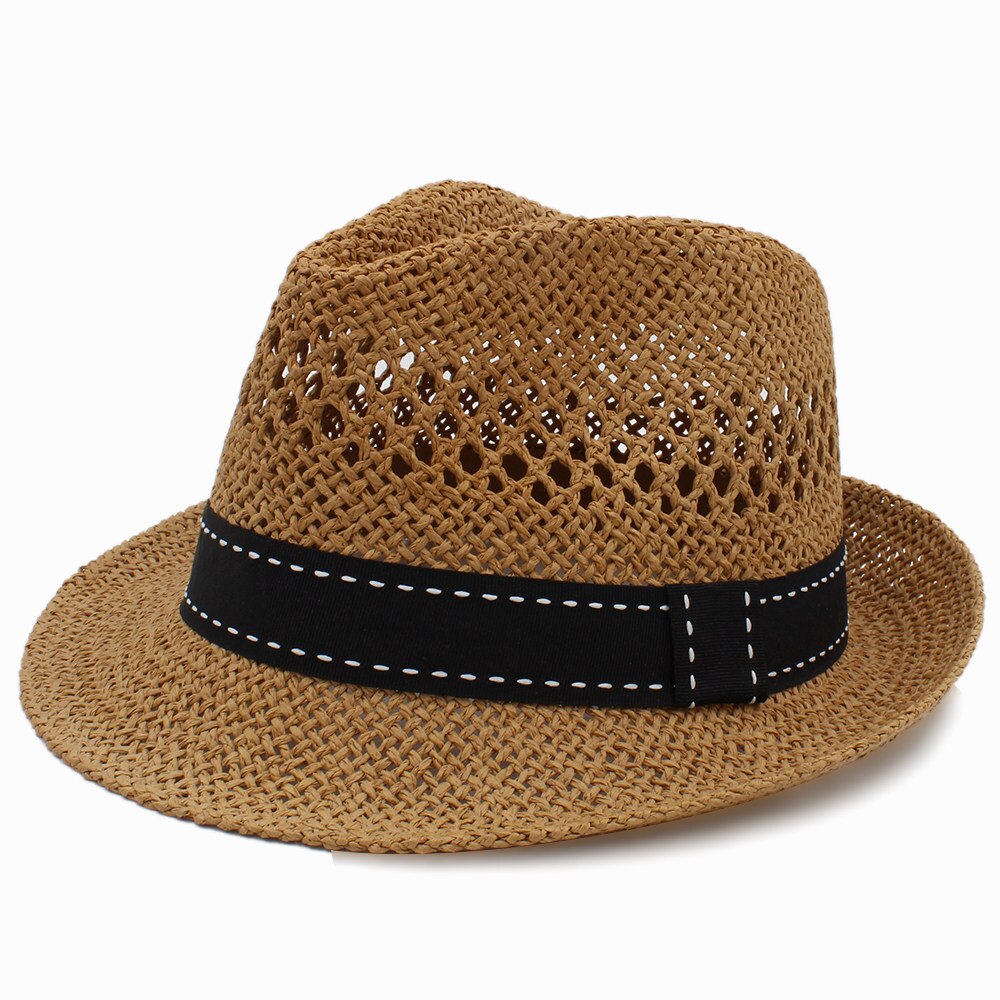 Sommer kvinder mænd halm sol hat med håndvævet panama hat til strand sunbonnet jazz båd hat størrelse 56-58cm: Let kaffe