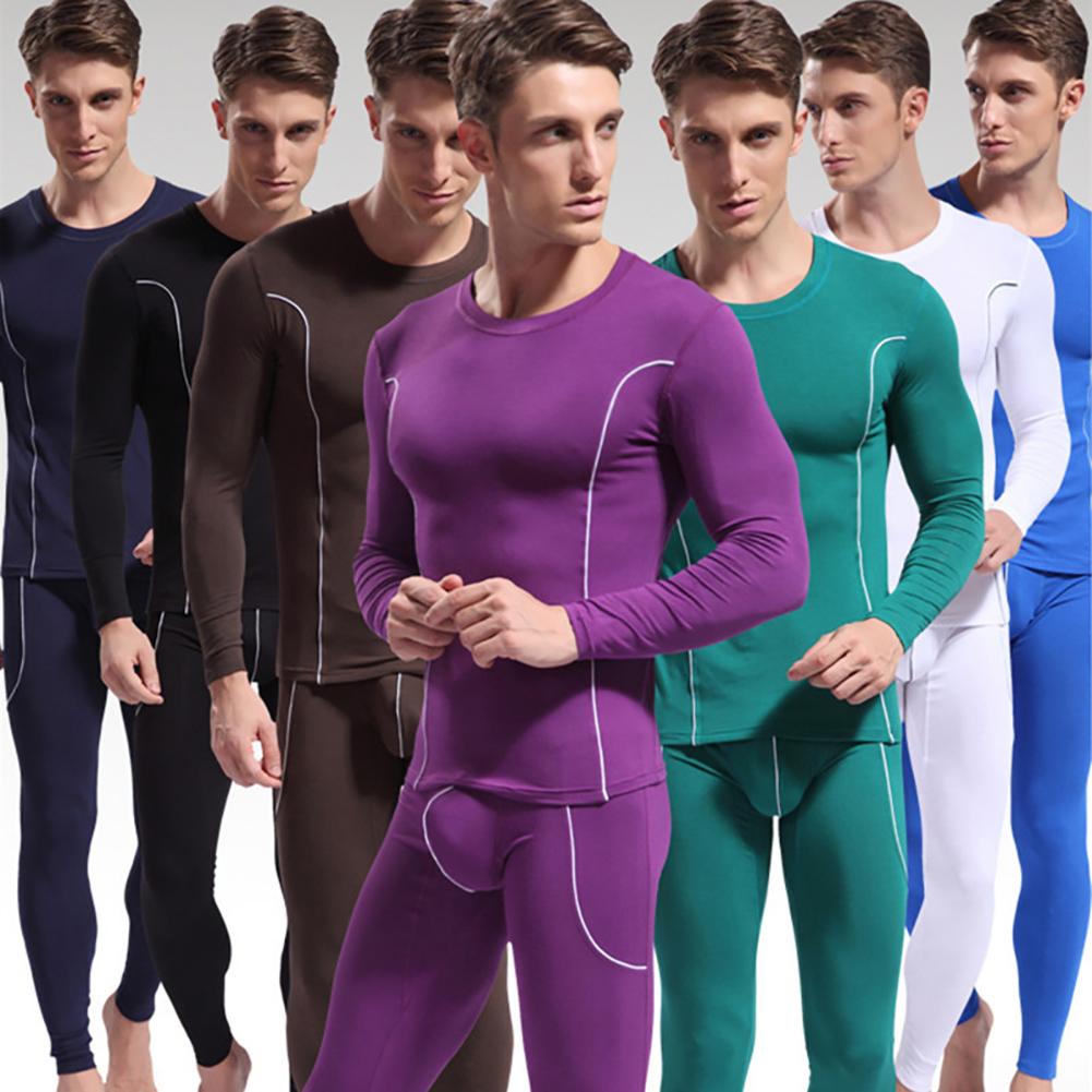 Men Stripe Pattern Long Sleeve Thermal Underwear Slim Top Pants Sets for Men Winter Clothing Men