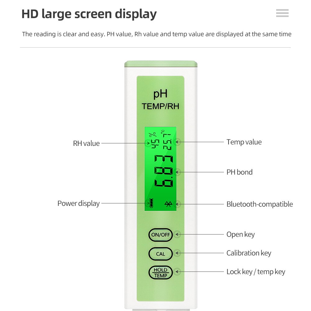 Bluetooth-compatible PH Meter 3 in 1 PH /Temperature / Humidity Online Monitoring Temp/RH BT Digital PH Water Tester