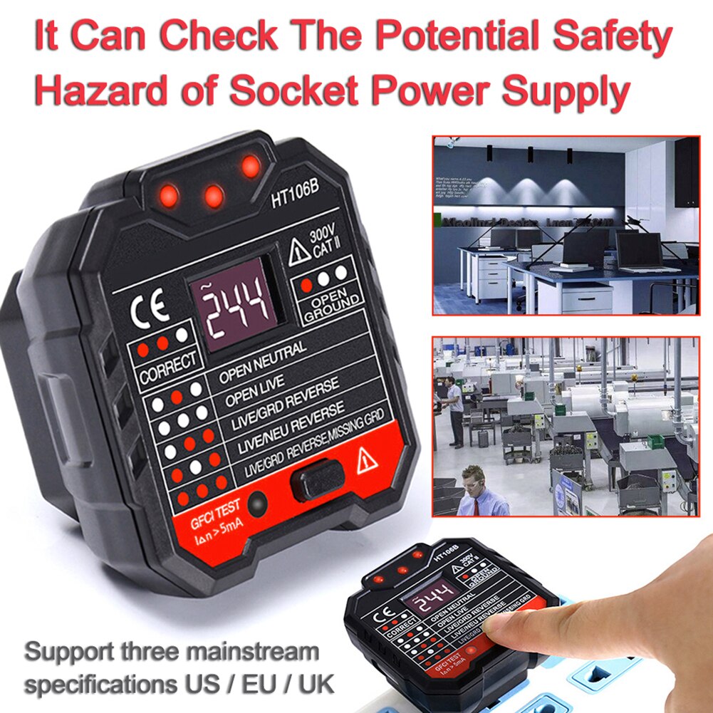 HT106 Stopcontact Tester Circuit Polariteit Voltage Stekker Breaker Finder Uk Eu Us Plug Ground Zero Lijn Plug Polariteit fase