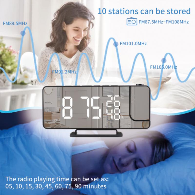 LED Digital Projection Alarm Clock Table Electronic Alarm Clock With FM Radio Time Temperature Humidity Display Bedroom Clock