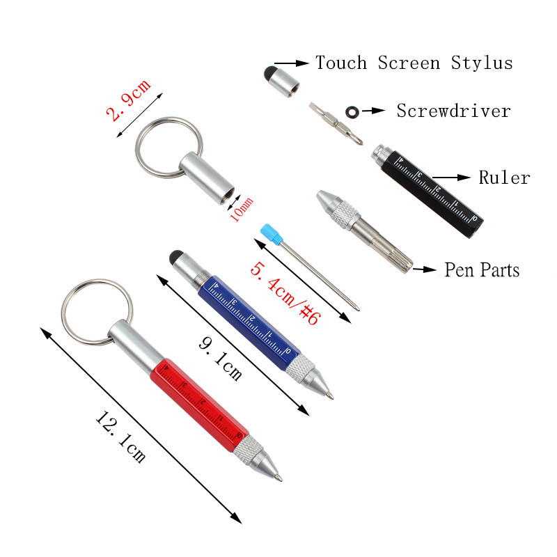 Genkky caneta esferográfica multifuncional, mini caneta esferográfica multifuncional de metal, com ponta esferográfica, jogo de régua, fivelas chaveiro com tinta preta e azul