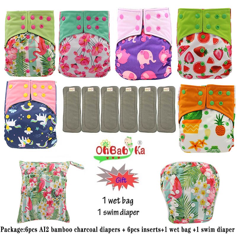 Ohbabyka AI2 wiederverwendbar Tuch Windeln für Mädchen, einstellbare Waschbar Windel 6 stücke + 6 stücke Bambus Holzkohle Einsätze + nass Tasche + Schwimmen Windel: 94
