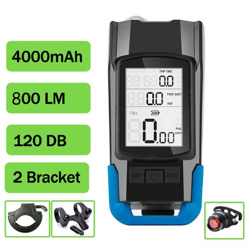 Wireless Bicycle Computer MTB Cycling Bike Odometer Stopwatch Speedometer Integrated 800LM Headlight 120DB Horn Accessories: Blue D