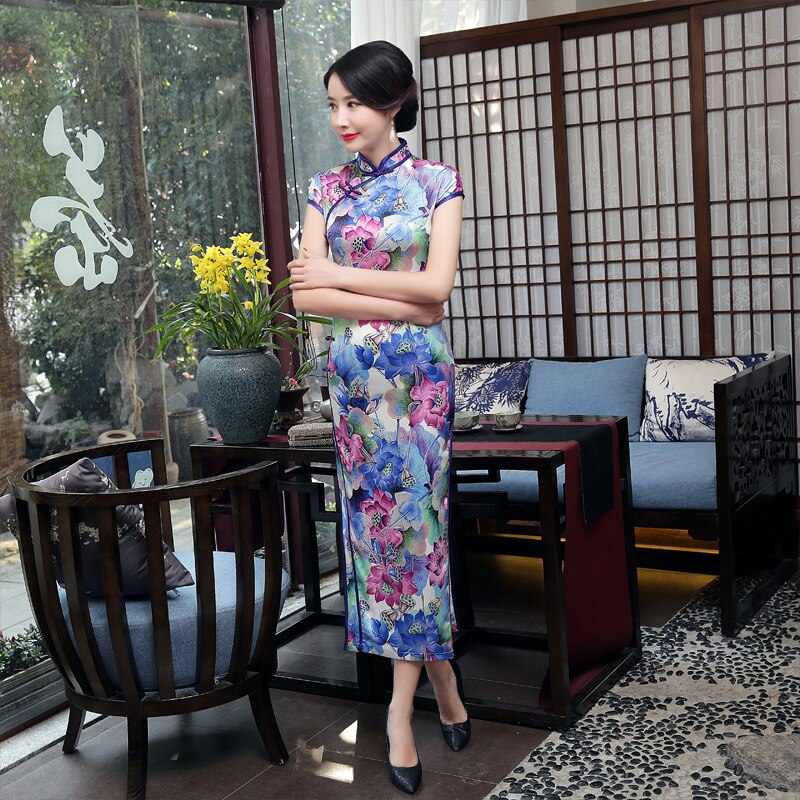 Zomerse korte mouwen bedrukte retro slanke lange cheongsam zijden dubbellaagse show catwalk cheongsam jurk qipao bloemenjurken: Xxxl