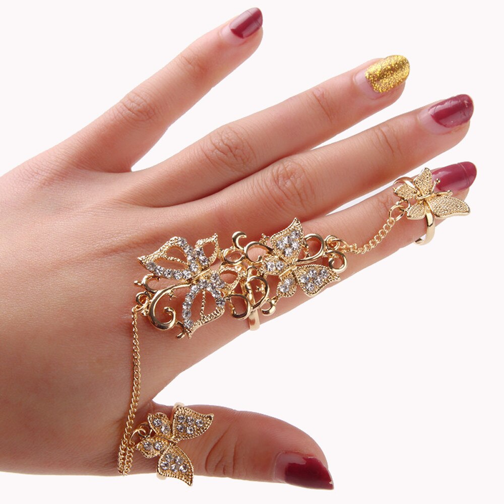 1Pc Rhinestone Bloem Vlinder Volledige Vinger Ring Goud Chian Link Dubbele Ring