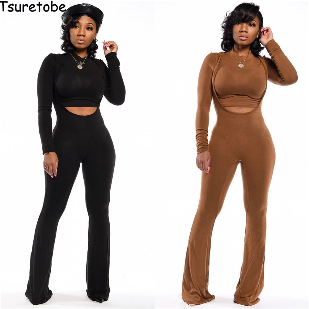 Tsuretobe Autumn Tracksuit Women Two Pieces Set Long Sleeve Crop Top And Spaghetti Strap Jumpsuit Skinny Hollow Out Outfits Slim