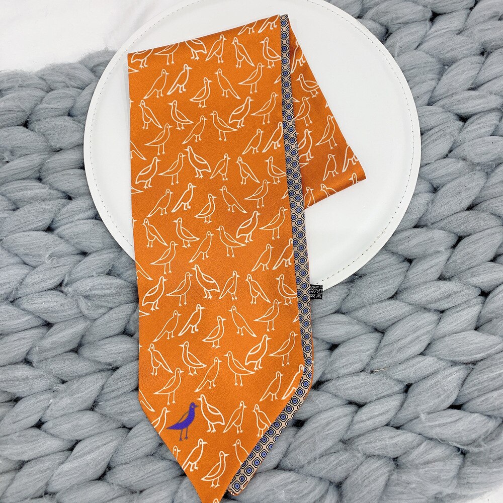 Factory Double Printing Long Silk Women Neckerchief Skinny Bag Scarf Female Neck Twill Silk Scarf Head Scarves Wraps For Ladies: Bird Orange