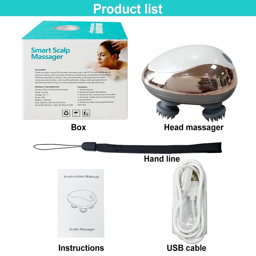 Elektrisches Kopfhautmassagegerät, Haarwachstum, tragbar, wiederaufladbar, Kopfmassage, Stress, Entspannung, wasserdicht, Handhaarkratzer, Silikon: Brown
