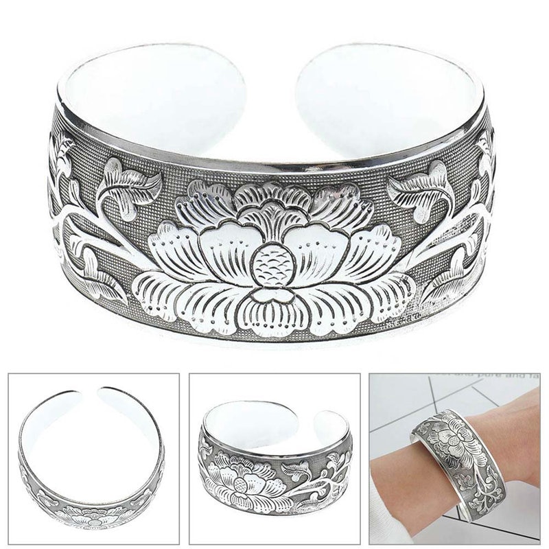 Vintage Punk Grote Verklaring Open Bloemen Armbanden en Armbanden Voor Vrouwen Tibet Zilver Kleur Manchet Sieraden Polsbandje Mooie Pioen