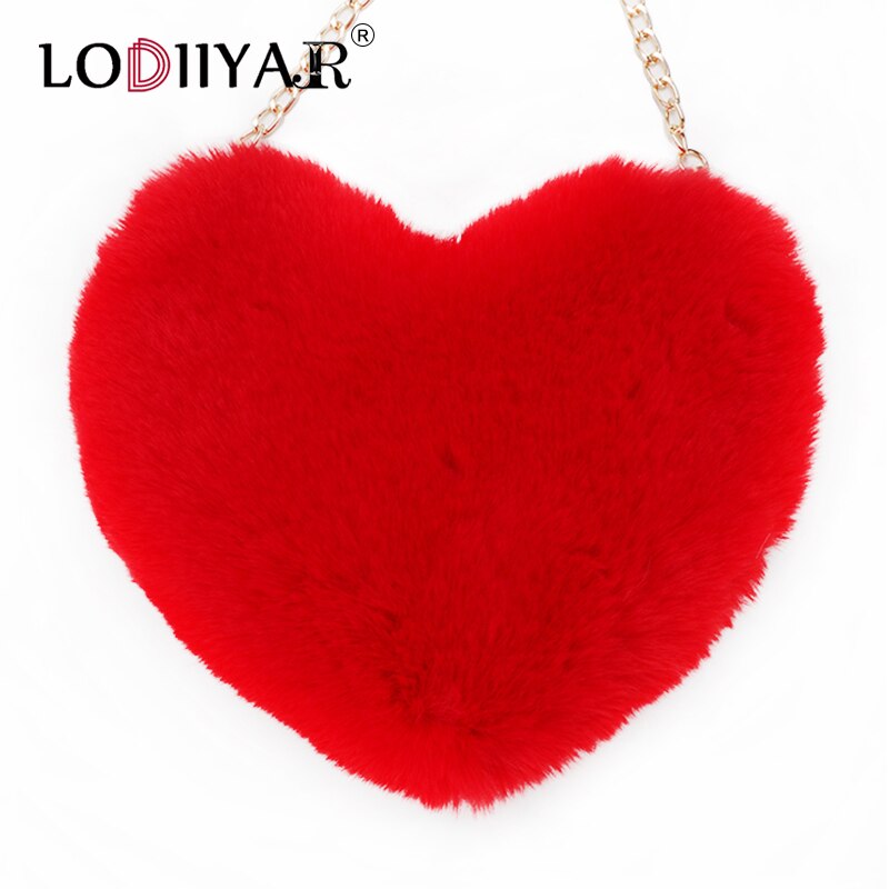 Faux Pelz Herz Tasche Mädchen Lolita Schulter Tasche Plüsch Crossbody Geldbörse Für Frauen Weibliche Rot Herz Perle Kette Handtasche Partei: red