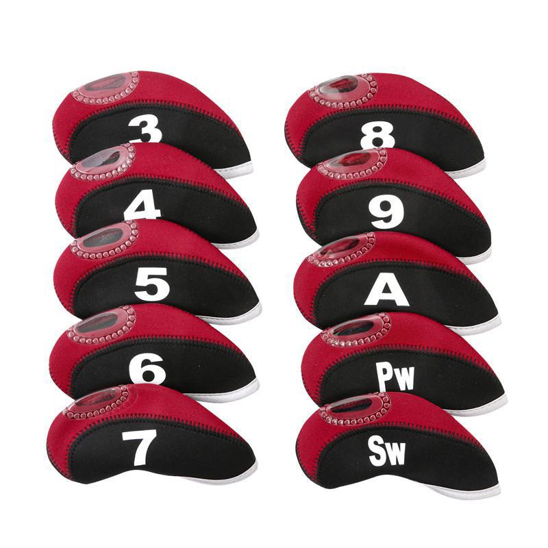 10 stuks golfclub hoofdhoezen zichtbaar venster golf putter ijzeren paal hoofdbeschermer hoes voor buiten golf sporten patchwork kleur: Zwarte wijn rood 