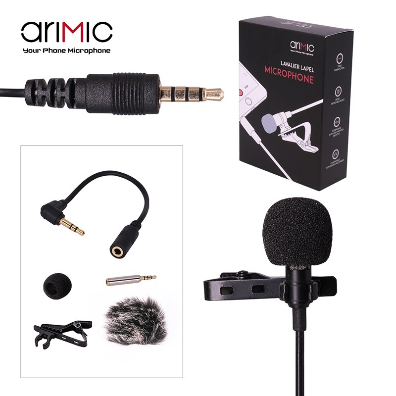 Arimic Lavalier Revers Clip-On Omnidirectionele Condensator Microfoon Kit Met Kabel Adapter &amp; Voorruit Voor Iphone Samsung