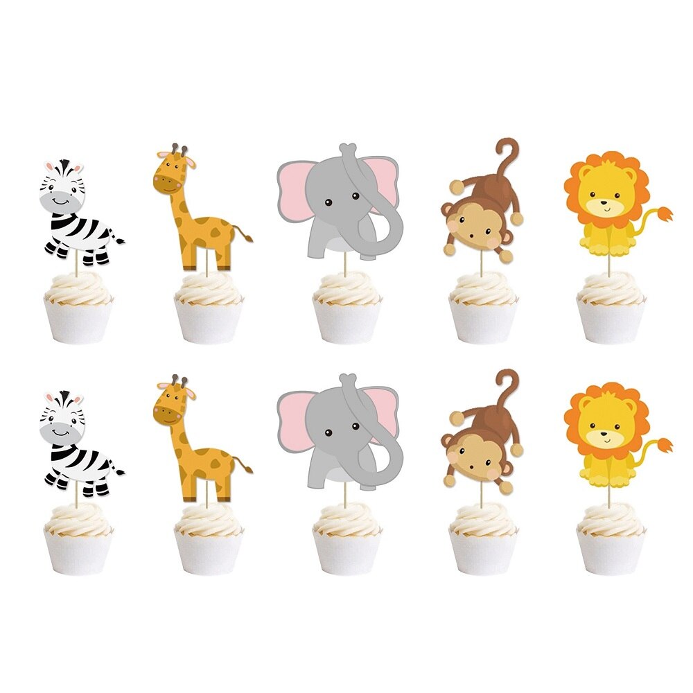Décoration de Cupcake Safari dans la Jungle, bannière de joyeux anniversaire, drapeaux de gâteau d&#39;animaux pour fête d&#39;anniversaire, fournitures de pour enfants garçons: 10pcs cupcake topper
