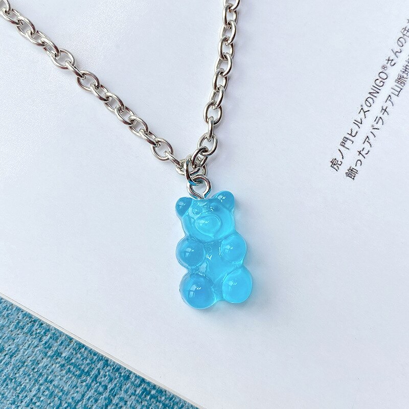 Collier en acier inoxydable fait à la main, 7 couleurs, mignon, ours de bonbons de dessin animé, pendentif de couleur bonbon, bijoux quotidiens pour femmes et filles, de fête: Blue