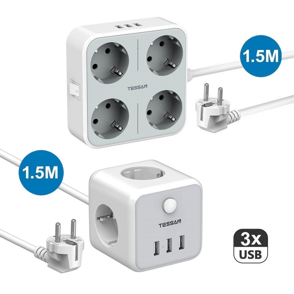 Desktop Power Strip with 1.5M/5ft Wire 3 USB Ports On/Off Swtich Mountable Multi Outlet EU Plug Socket Mini USB Charging Station