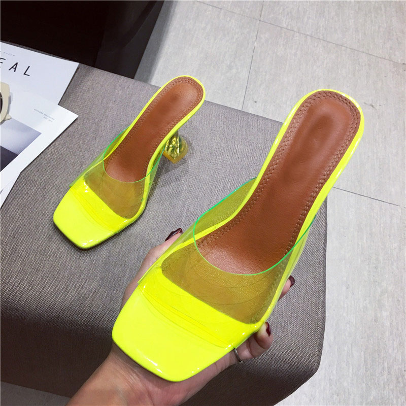 Gule pvc gelé sandaler krystal åben tå perspex sike høje hæle krystal kvinder gennemsigtige hæl sandaler hjemmesko 9cm pumps