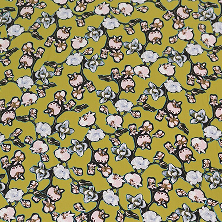 Floral print yellow silk cotton blended fabric feel like silk crepe de chine fabric,SCT746