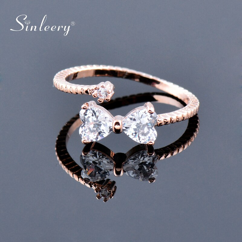 SINLEERY Lovely Clear Crystal Bowknot Bow Adjustable Rings For Women Girl Rose Gold Silver Color Jewelry Anillos JZ458 SSC: rose gold plated