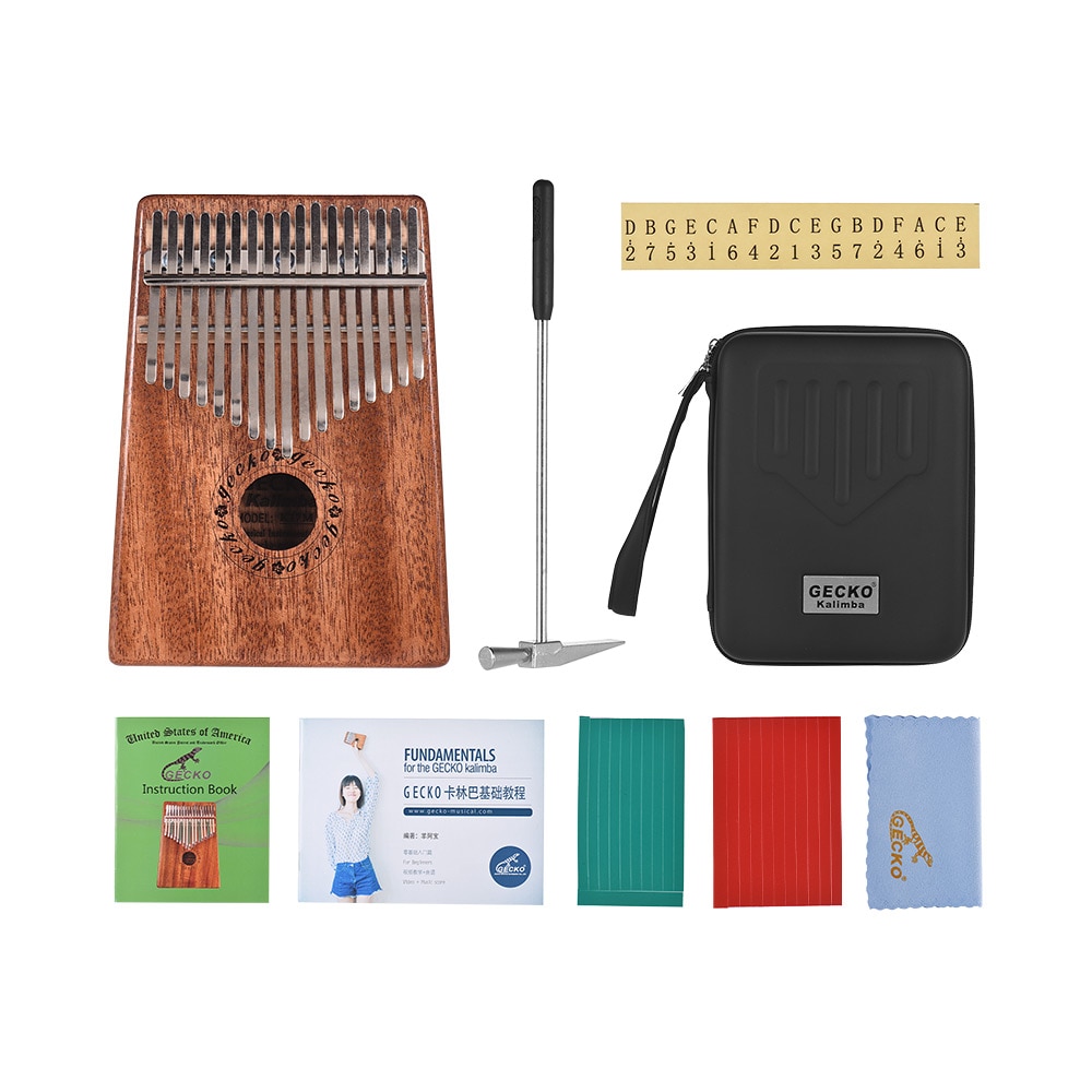 Gecko  k17m 17- nyckel kalimba tumme piano mbira mahogny massivt trä med väska förvaringsväska stämhammare musikbok klistermärken