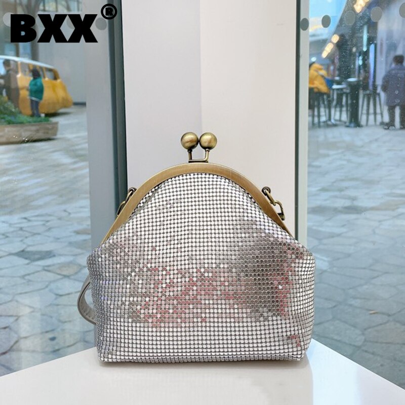 [BXX] Vintage Aluminum Sequins Bags Women Branded Chain Shoulder Hand Bag Lady Trend Handbags and Purses CB122