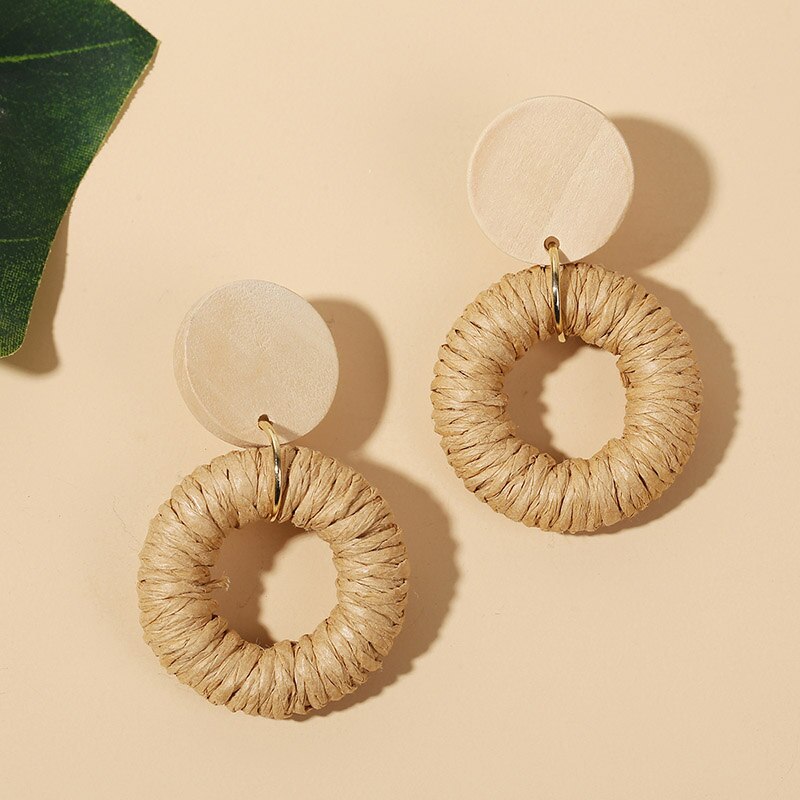 Bohemian Ladies Handmade Vine Rattan Straw Woven Earrings For Women Boho Geometric Round Wooden Dangle Earring Jewelry