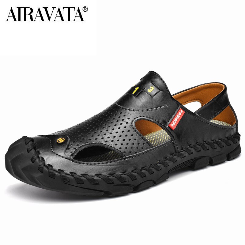 hommes chaussures d'été en cuir bout fermé sandales plates en plein air espadrilles décontractées: Black / 38