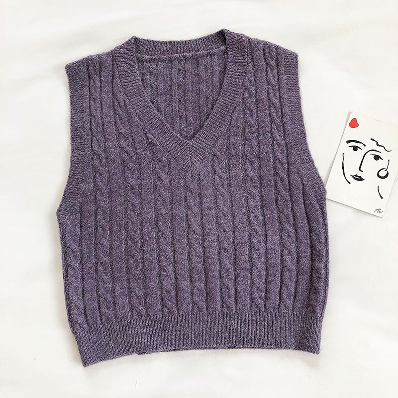 Gagarich Vest Women Autumn Korean Style Solid Color All-match Retro Pattern Knitted Slim V-neck Sleeveless Top Casual