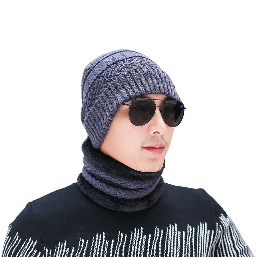 Gorro de invierno para hombre, bufanda estilo coreano, gorro de lana tejido para invierno, conjunto de gorro y bufanda para ciclismo al aire libre: Grey