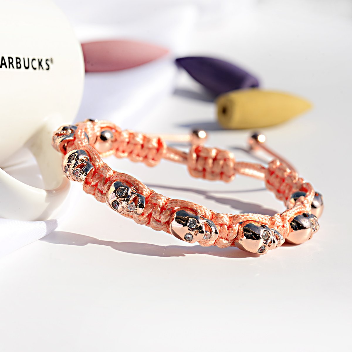 Pulsera trenzada a mano con calavera de circón para hombres y mujeres, cuentas de cobre, brazalete de cadena hecho a mano ajustable de Metal clásico: VERMEIL