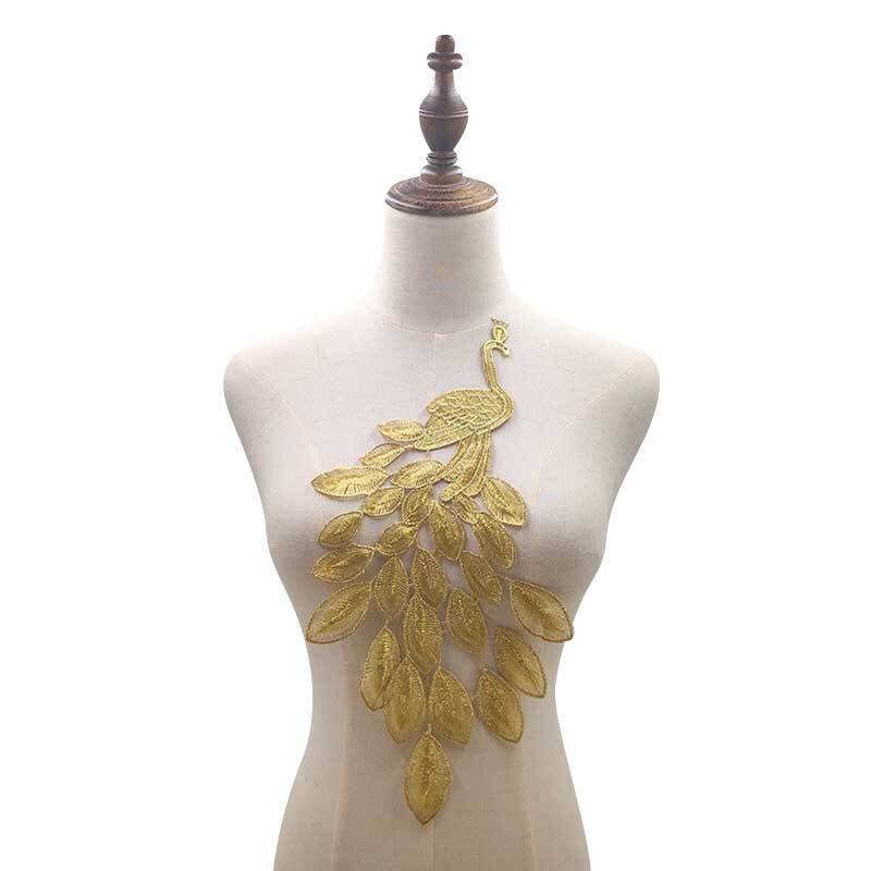 Fahion Water-soluble Lace Cloth Stickers Peacock Pattern Hollow Women Embroidery DIY Lace Accessories: Gold