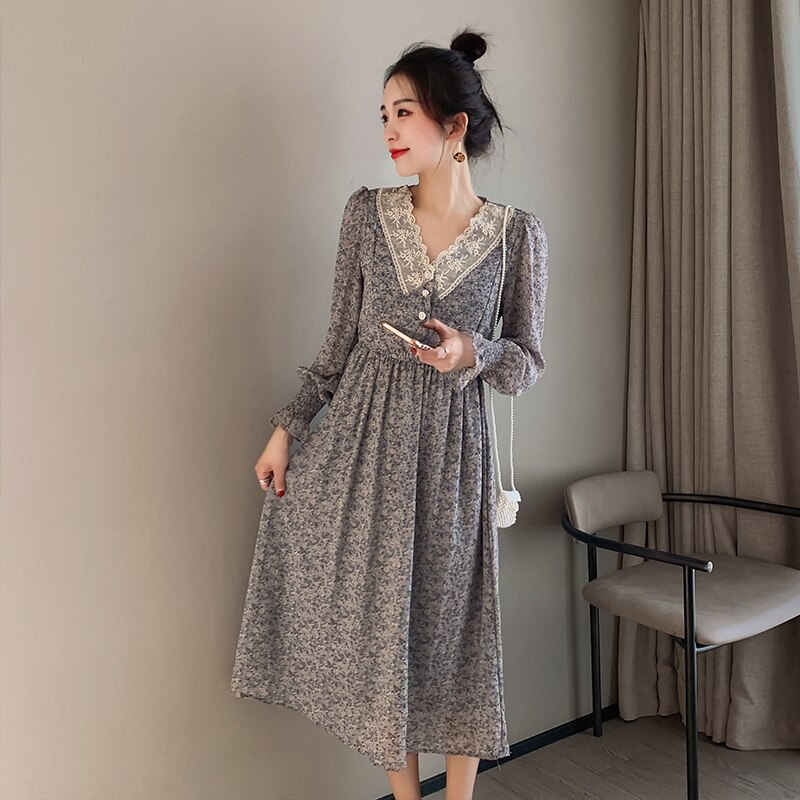 Herbst Schwangere Still Kleid mit Invisible Zip Fly Spitze V-ausschnitt Mutterschaft Chiffon Pflege Kleid Stillen