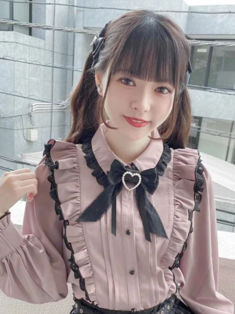 Chemise à volants en dentelle japonaise Kawaii pour femmes, chemisier à nœud rose Y2k, Harajuku, hauts mignons pour dames, nouvelle Lolita Blusas Femme 2025