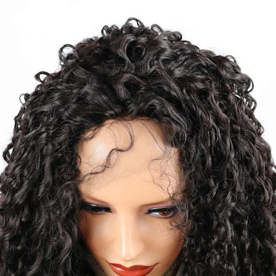 Peluca con malla frontal sintética rizada para mujeres negras, Color negro, 180%, fibra resistente al calor, Pelo Rizado largo, uso diario
