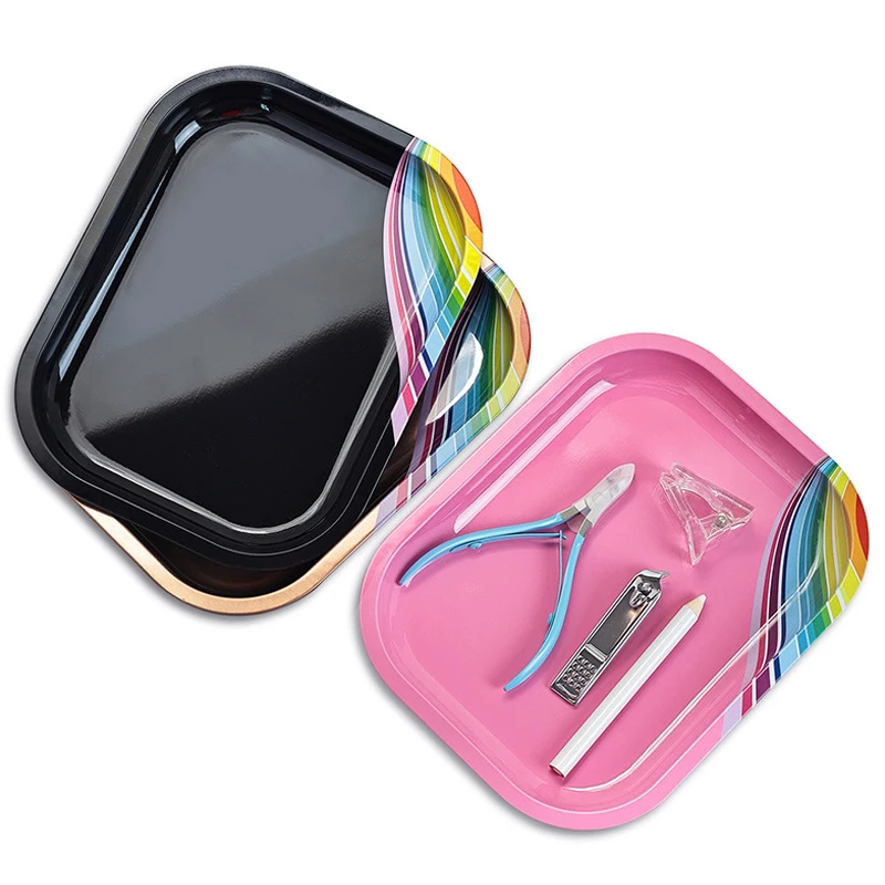 Cosmetic Storage Tray Manicure Nail Art Plate Stainless Steel Tweezers Clippers Pen Container Square False Nails Dish Tools
