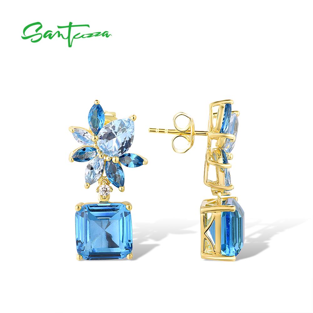 SANTUZZA Silver Earrings For Women Authentic 925 Sterling Silver Shimmering Mulit Blue Stones Glamorous серьги Fine Jewelry