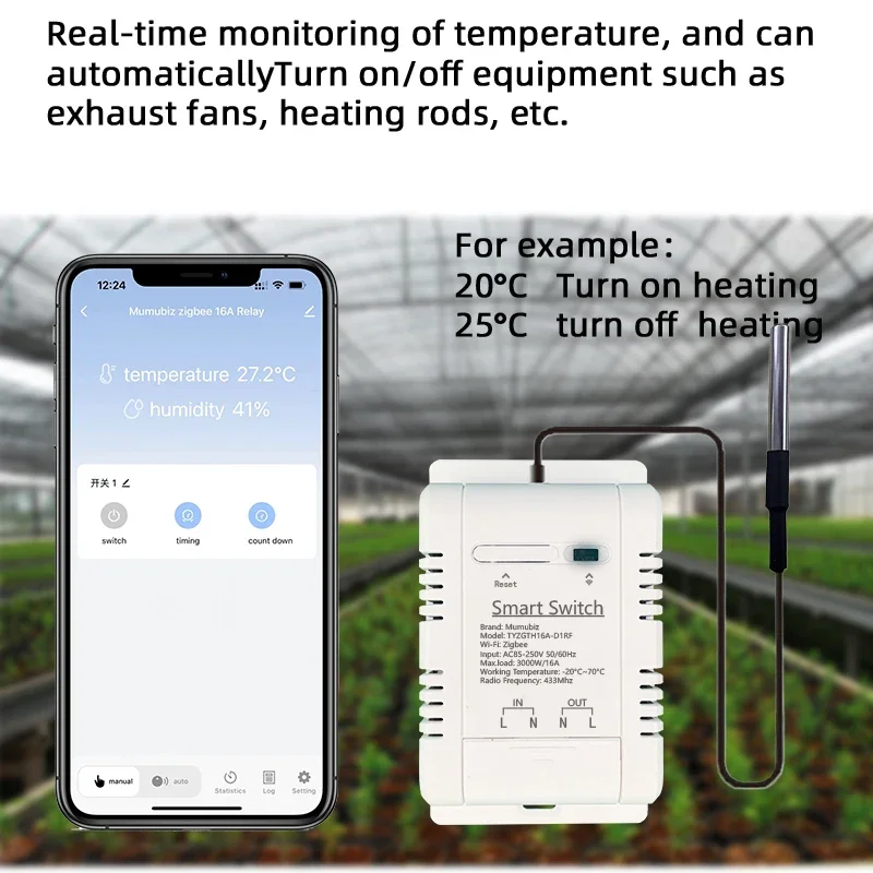 Przełącznik Mumubiz Tuya Zigbee z czujnikiem temperatury i wilgotności, inteligentny termostat 16A 3000W TH16 monitorowanie danych kompatybilny z Alexa
