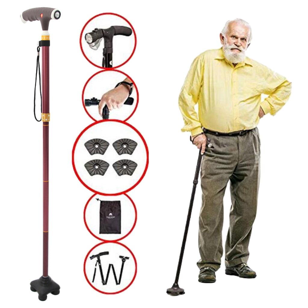 Folding Walking Stick Height Adjustable Led Lightweight Cane Quad Non-slip