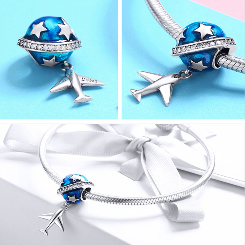 WOSTU Travel Around World Charms 100% 925 Sterling Silver Airplane Blue Beads Fit Original Bracelet Pendant DIY Necklace Jewelry