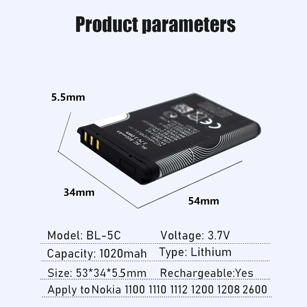1/10pz 3.7V 1020mAh BL-5C BL5C BL 5C Batteria Batterie Ricaricabili per Nokia 2112 2118 2255 2270 2280 2300 2600 2610 3125 3230