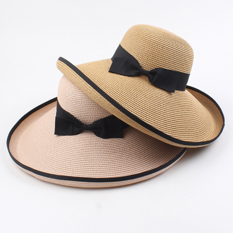 HT3085 Strand Hoed Grote Grote Brede Rand Hoed Dames Strand Cap Mode Stro Hoed Elegante Zwarte Strik Vrouwen zomer Zonnehoed