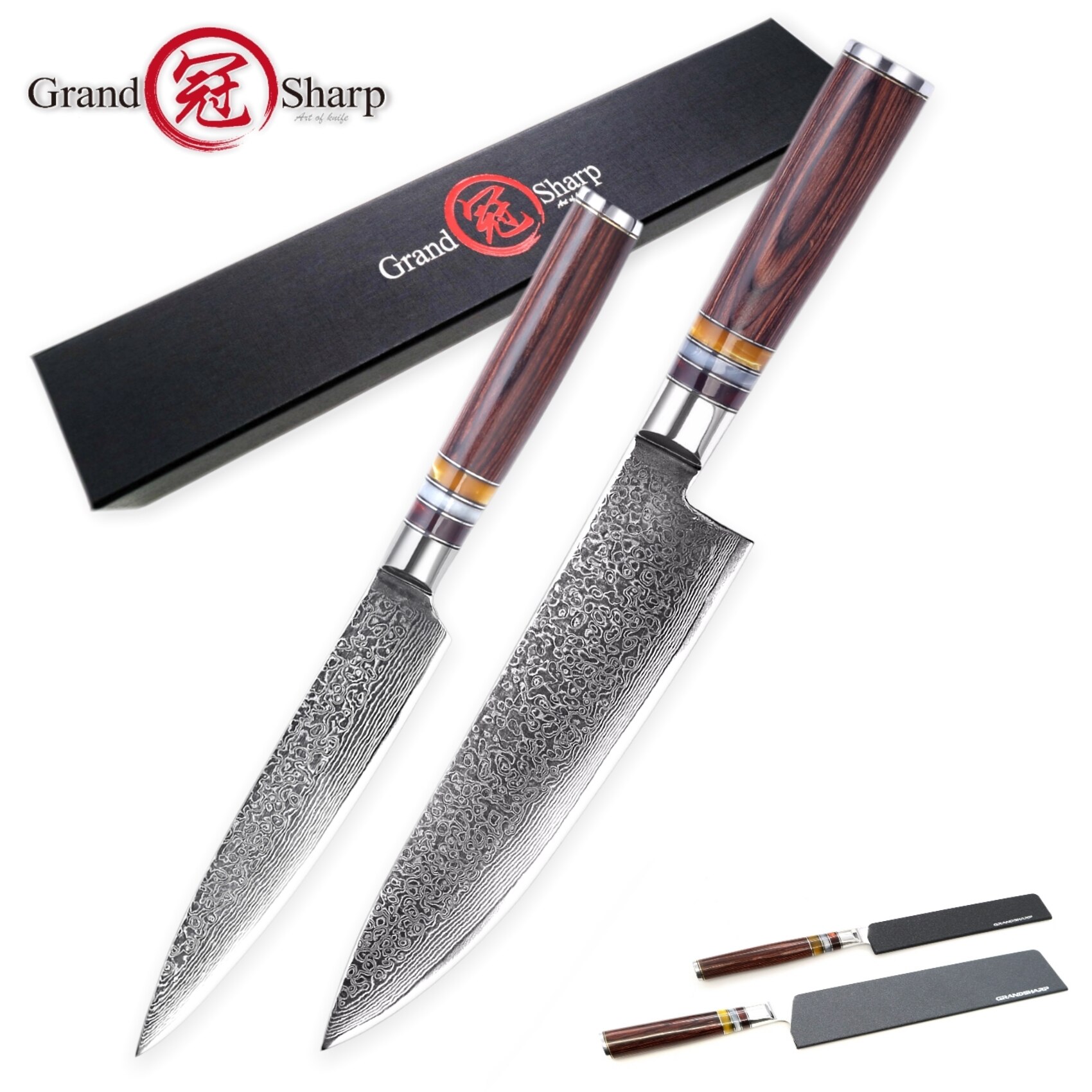 Grandsharp Damasco cuchillos de cocina 4 Uds Chef cuchillo Nakiri de corte de herramientas de cocina casera VG10 japonés de acero inoxidable