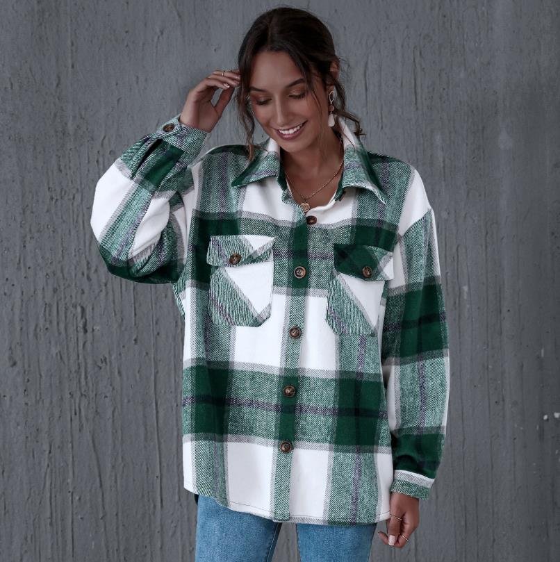 Chaqueta informal a cuadros para mujer, abrigos con botones y bolsillos, ropa de calle, abrigos sueltos para mujer, prendas de vestir exteriores, otoño