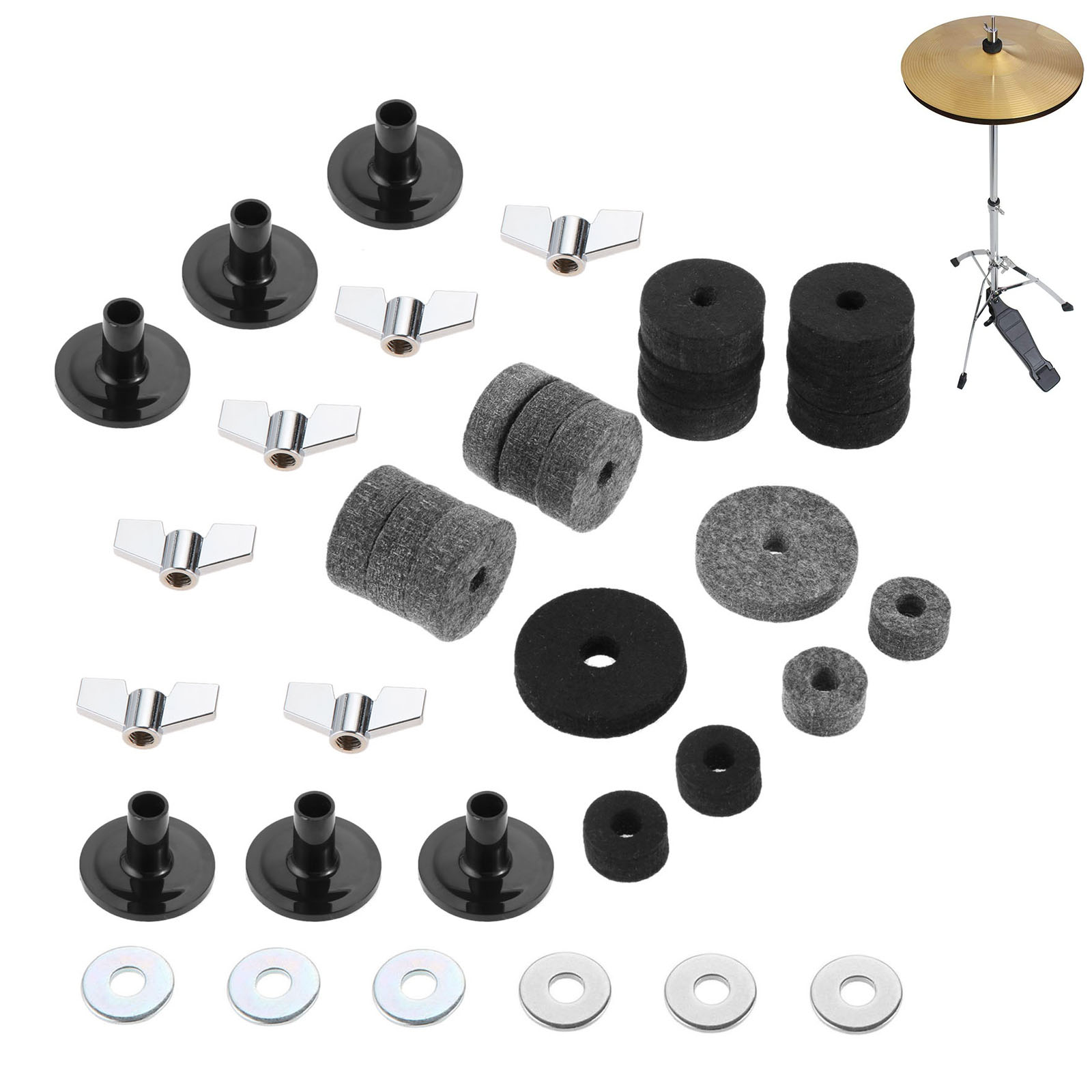 Feutres de cymbale pour chapeau, pochette, feutre, tasse, manches de support, avec écrous d&#39;aile de Base et rondelle de cymbale pour tambour, lot de 18 pièces