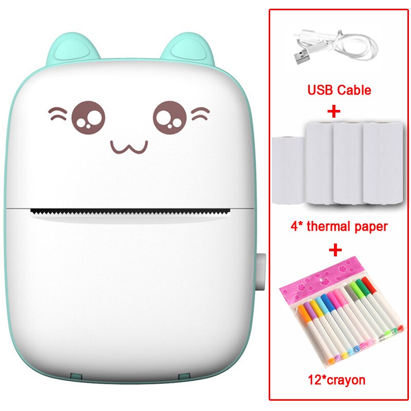 Portable MINI CAT Printer Thermal Print Photo Pocket Thermal Label Printer 58mm Printing Wireless Bluetooth Android IOS Printers: Blueadd3white12pen