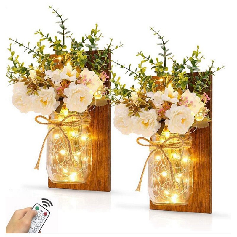 Rustic Mason Jar Sconces for Home Decor, Mason Jar Sconces Set of 2 Hanging Mason Jar Sconces with LED Fairy Lights