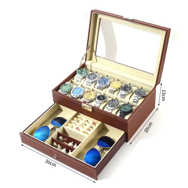 Watch Box 12 Slot Watch Display Organizer & 6 Glasses Organizer Case PU Leather Jewelry Case Drawer Glass Birthday for Men Women: Brown