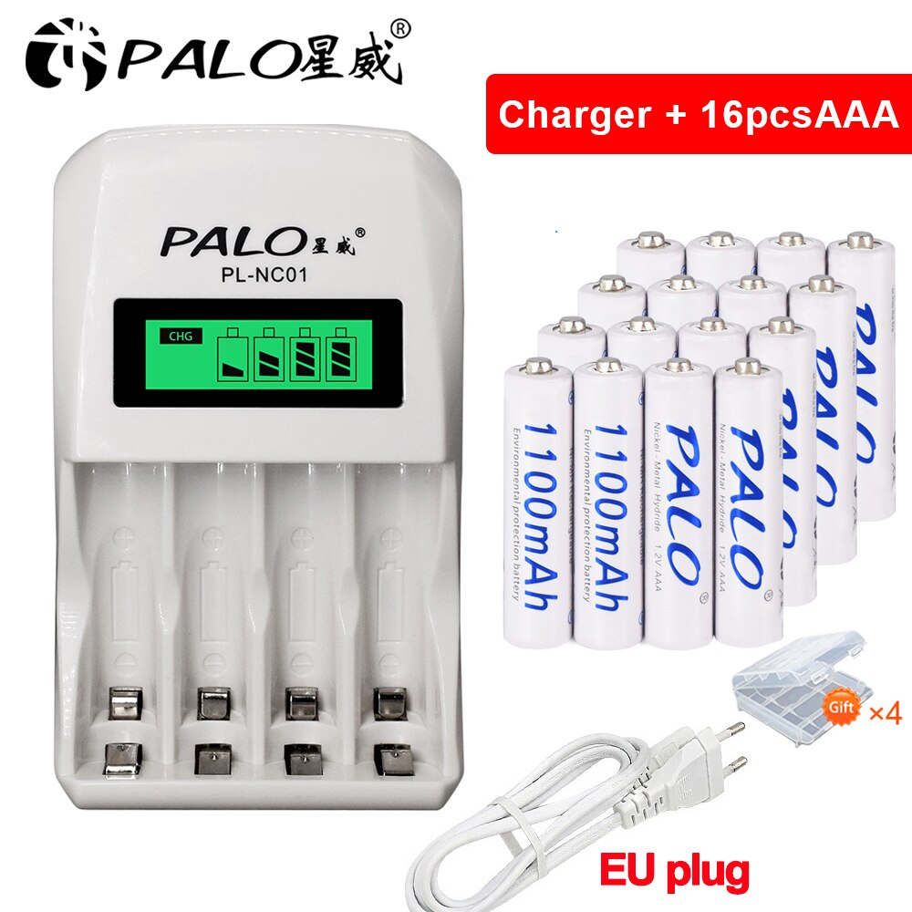 Palo 1.2v aa nabíjateľná batéria  + 1.2v aaa nabíjacie batérie s inteligentnou aa nabíjačkou batérií pre 1.2v ni-mh aa aaa batérie: 16 aaa 1 nabíjačka