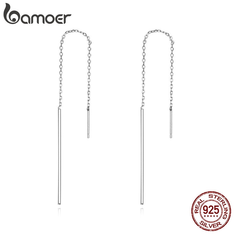 Bamoer ægte 925 sterling sølv simple line drop øreringe til kvinder autentiske sølv smykker sce 490